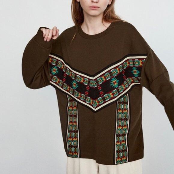 Zara Trafaluc Aztec Trim Oversized Sweatshirt Olive Green US S - Picture 1 of 6